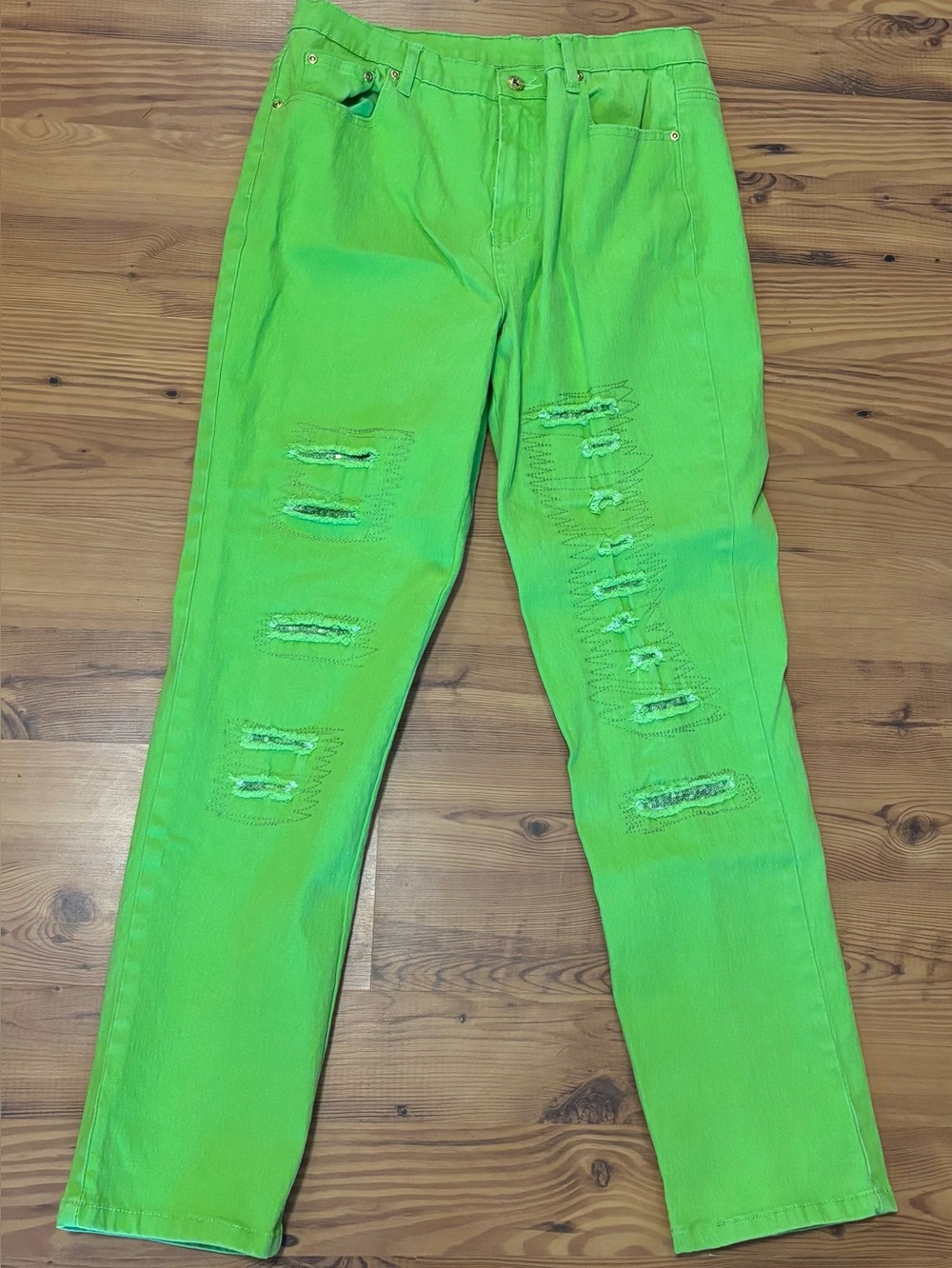 Diane Gilman DG2 Women's Jeans Size 12 T Green Stretch Straight Embellished